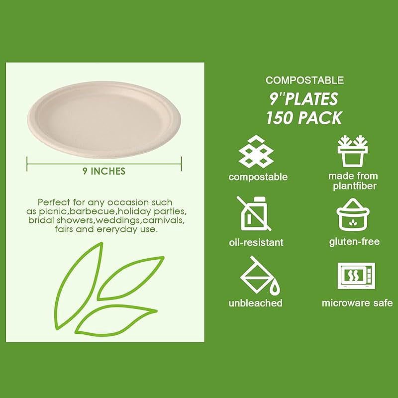 150 Pack Paper Plates 9 inch 100% Compostable, Heavy-Duty Disposable Paper Plates Bagasse Natural Biodegradable Eco-Friendly Sugarcane