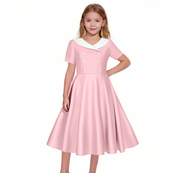XUNKUSGA Summer Dress Classic Soild Color Buttoned Slim Fit Swing Dress 1950S Retro Dress Short Sleeve Shawl Collar Girls Dresses for Party Wedding,Pink,5-6 Years