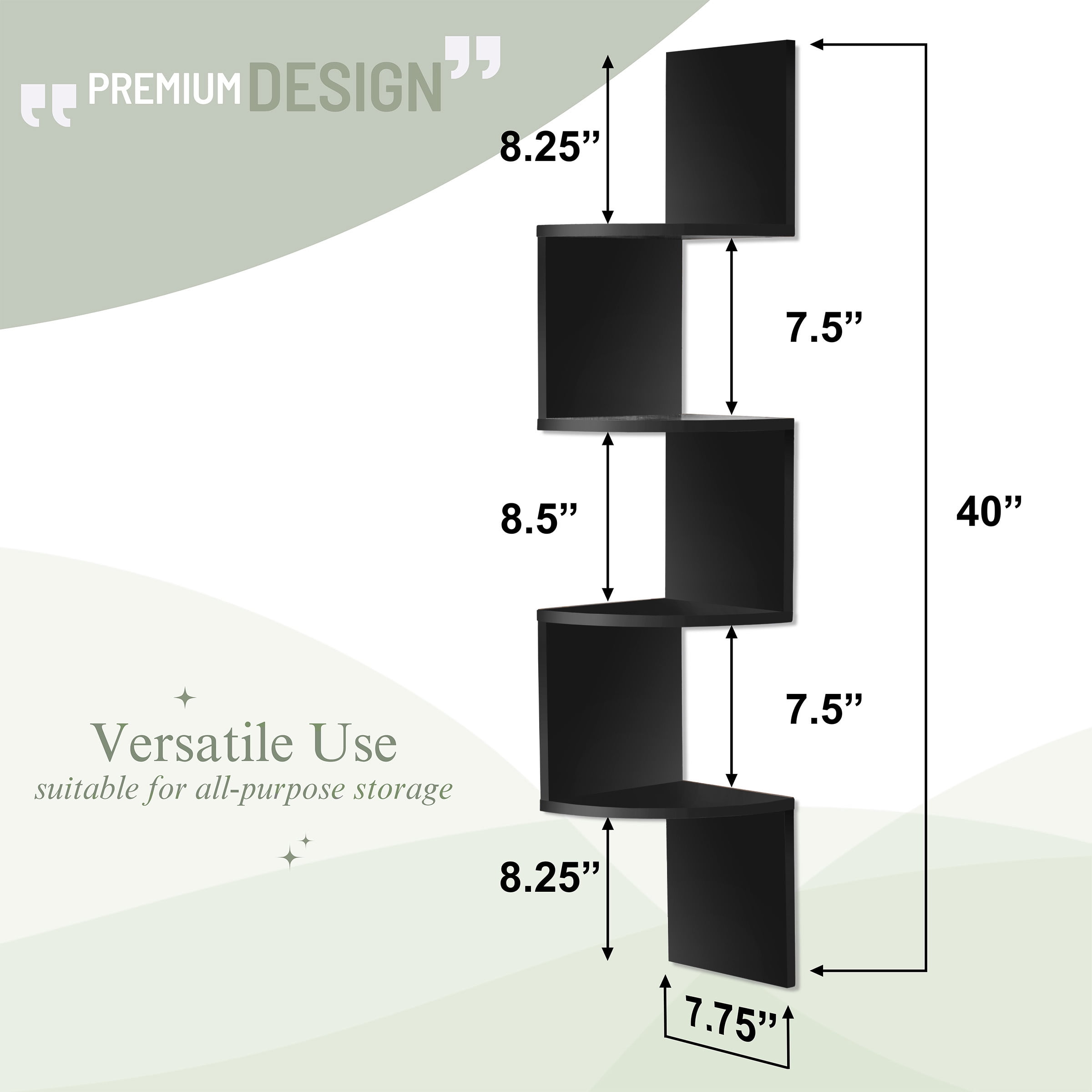 Sorbus 5-Tier Floating Corner Wall Shelf, Zigzag Bookshelf, Space-Saving Storage, Black