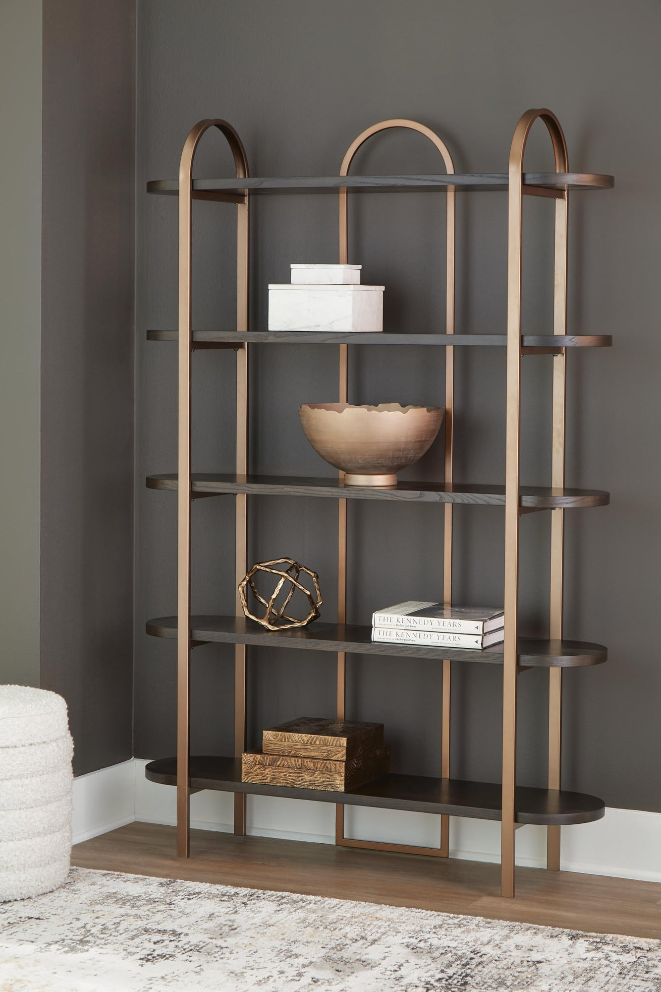 Signature Design by Ashley Brentmour 72" Modern Bookcase with 5 Shelves - Brown Wood & Gold Metal Frame