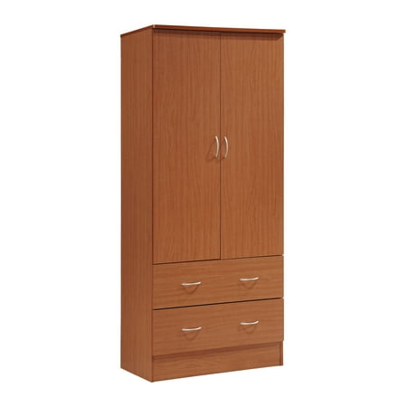 Hodedah Two Door Wardrobe with Two Drawers and Hanging Rod, Cherry