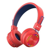 iClever BTH03 Kids Bluetooth Headphones Safe Volume, Colorful LED Lights, 25H Playtime, Stereo Sound Mic, Bluetooth 5.0, Foldable, On Ear Kids Wireless Headphones for Tablet Airplane, Red