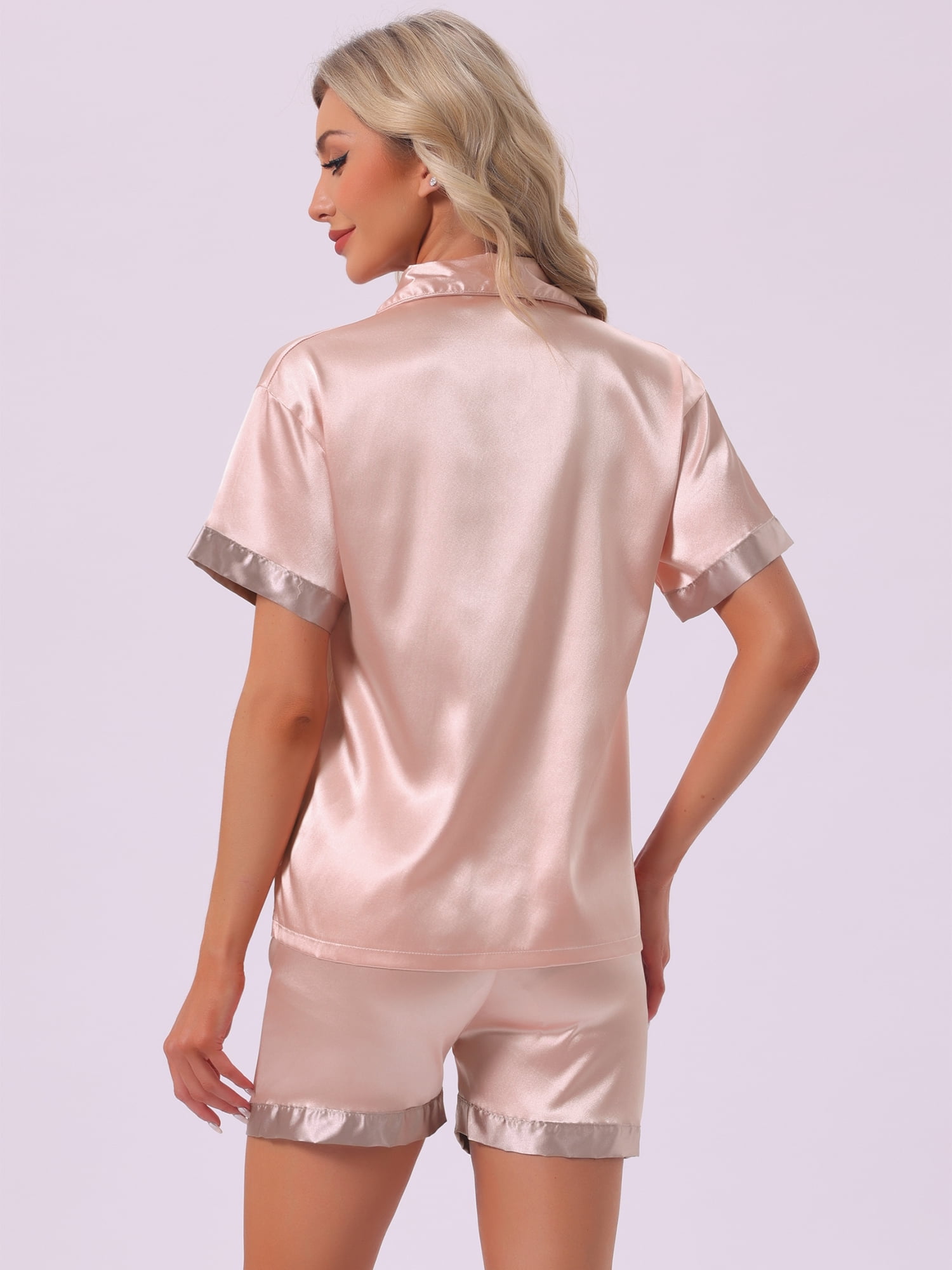 DARING DIVA Women's Satin Pajamas Sleepwear Button Down Contrast Color Tops XS Pink