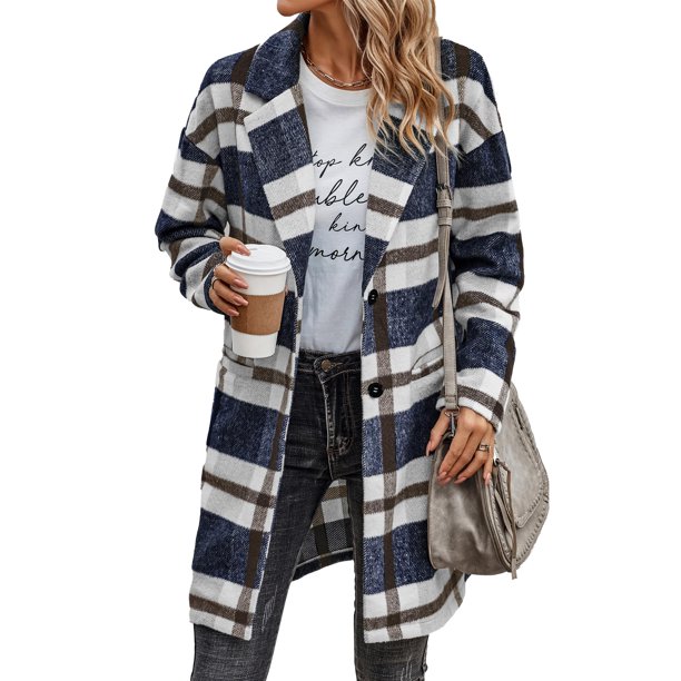 Abrigo PRETTYGARDEN Shacket a Cuadros Mezcla de Lana Azul Marino Blanco Talla S