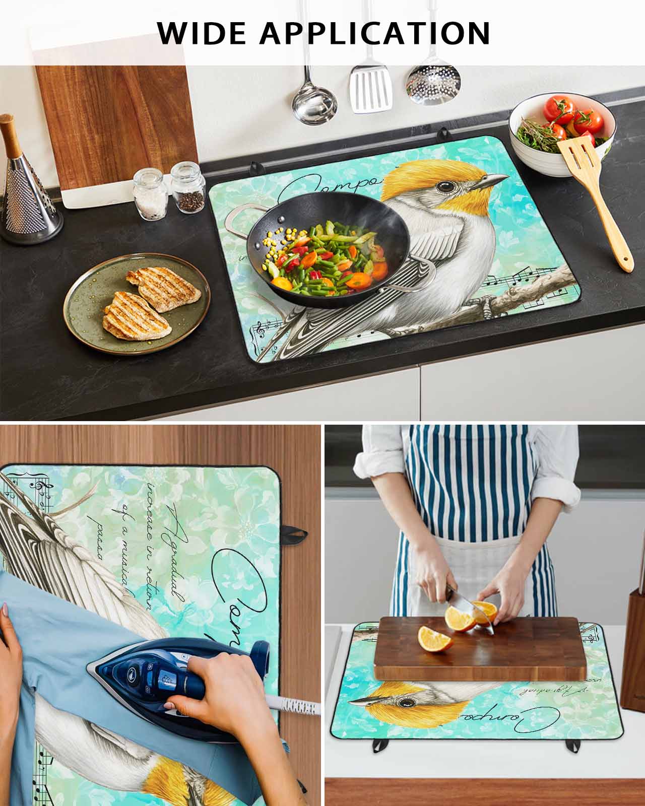 nqOlkjepod Large Induction Cooktop Protector Mat 24"x21", Yellow Bird Stove Top Covers for Electric Stove, Music Farmhouse Animals Country Teal Stove Burner Cover Mats, Glass Top Stove Cover