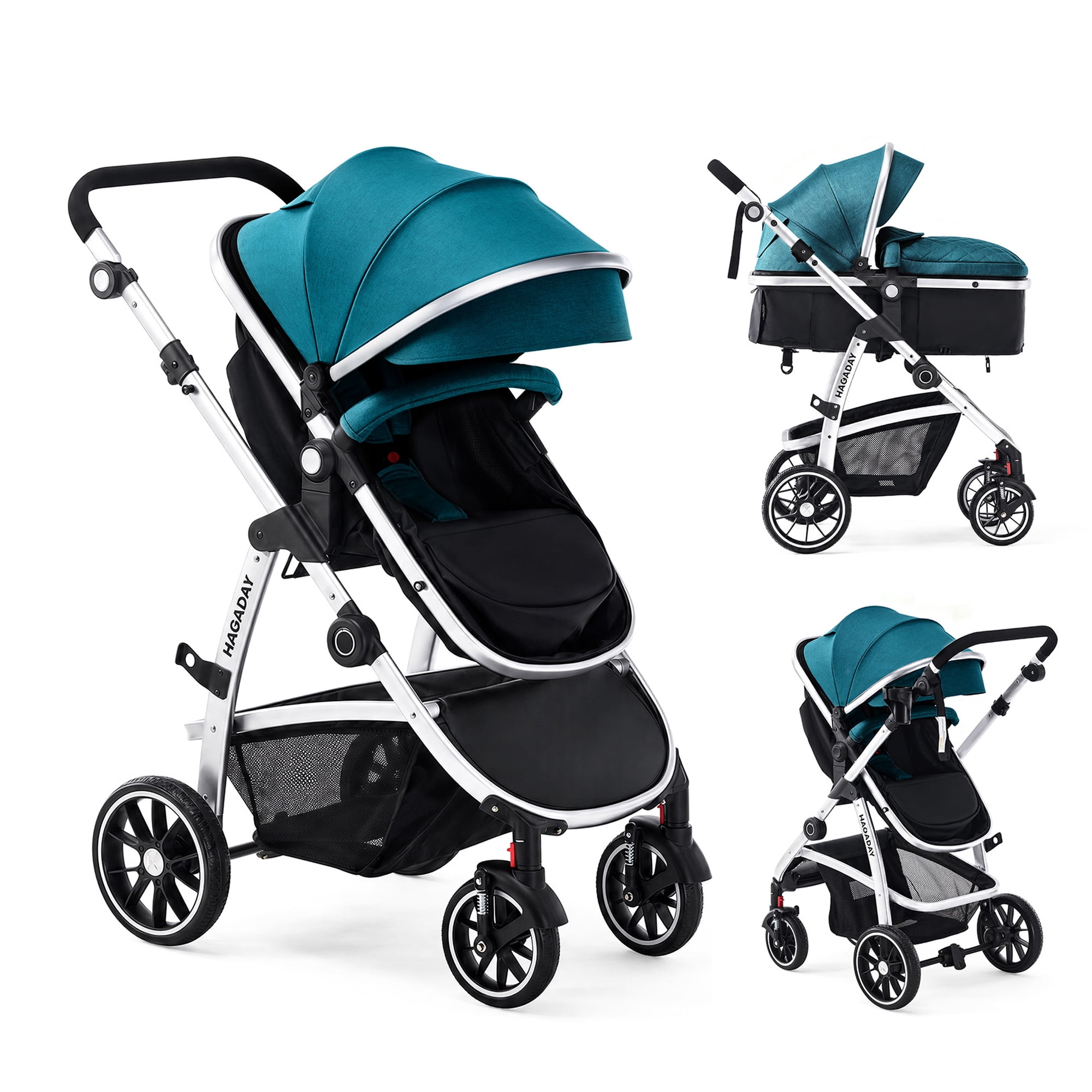 Hagaday 2-in-1 Baby Stroller, Reversible Seat, Lie-Flat Recline, Foldable Design, Adjustable Handle, Blue