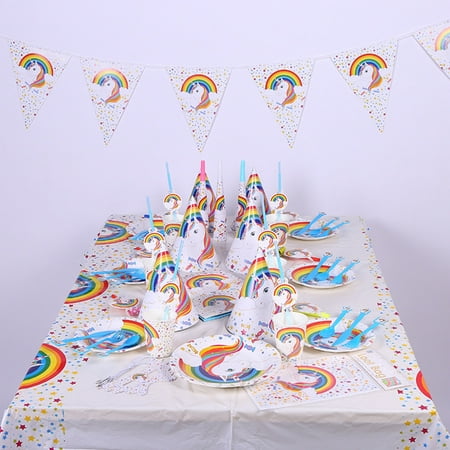 Conpik Unicorn Theme Party Supplies Set Disposable Tableware Party Decoration Kit For Birthday Kids