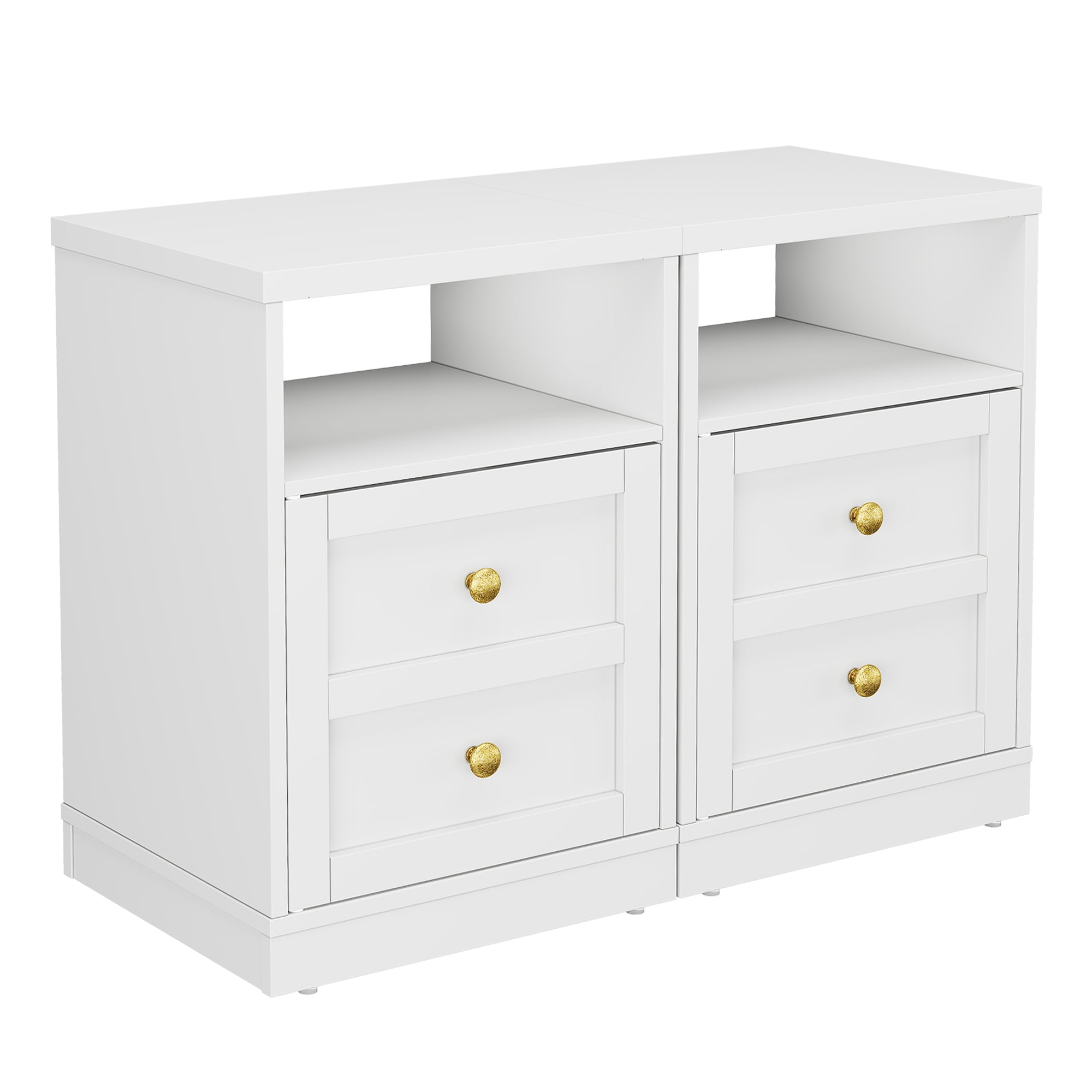 Cozy Home white Nightstand with Storage Shelf & Door, Faux Drawer Design End Table, Compact Side Table for Bedrooms, Dorm Rooms & Small Spaces, Set of 2