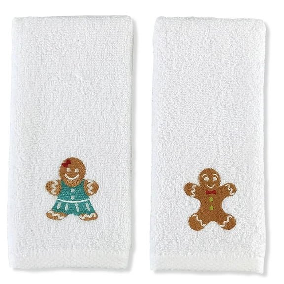 Holiday Christmas Fingertip Towels: White Terry Cotton Embroidered Ginger Cookie Girl and Boy