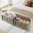 thumbnail image 3 of Kojooin Storage Chest, Wooden Storage Bench with 4 Wheels, 39.4" Storage Trunk with 2 Safety Hinges, Supports 350 Lbs, Round Corner, U-Shape Cutout, for Entryway, Living Room, Gray, 3 of 8