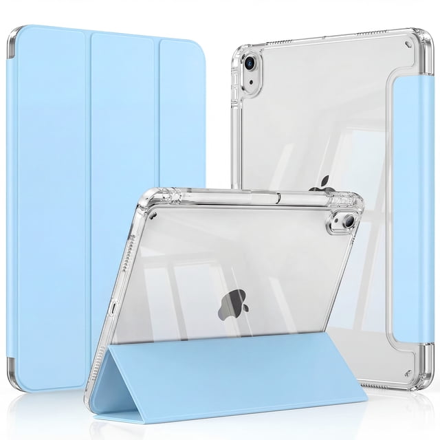 Funda para iPad 10ª Gen 10.9” con Porta Lápiz (Parte Trasera Rígida Transparente, Azul Celeste, con Stickers)