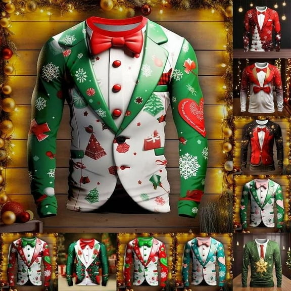 Christmas T-Shirts for Men Long Sleeve Funny 3D Graphic Party Crew Neck Casual Cozy Family Xmas Gift Men T Shirts White L