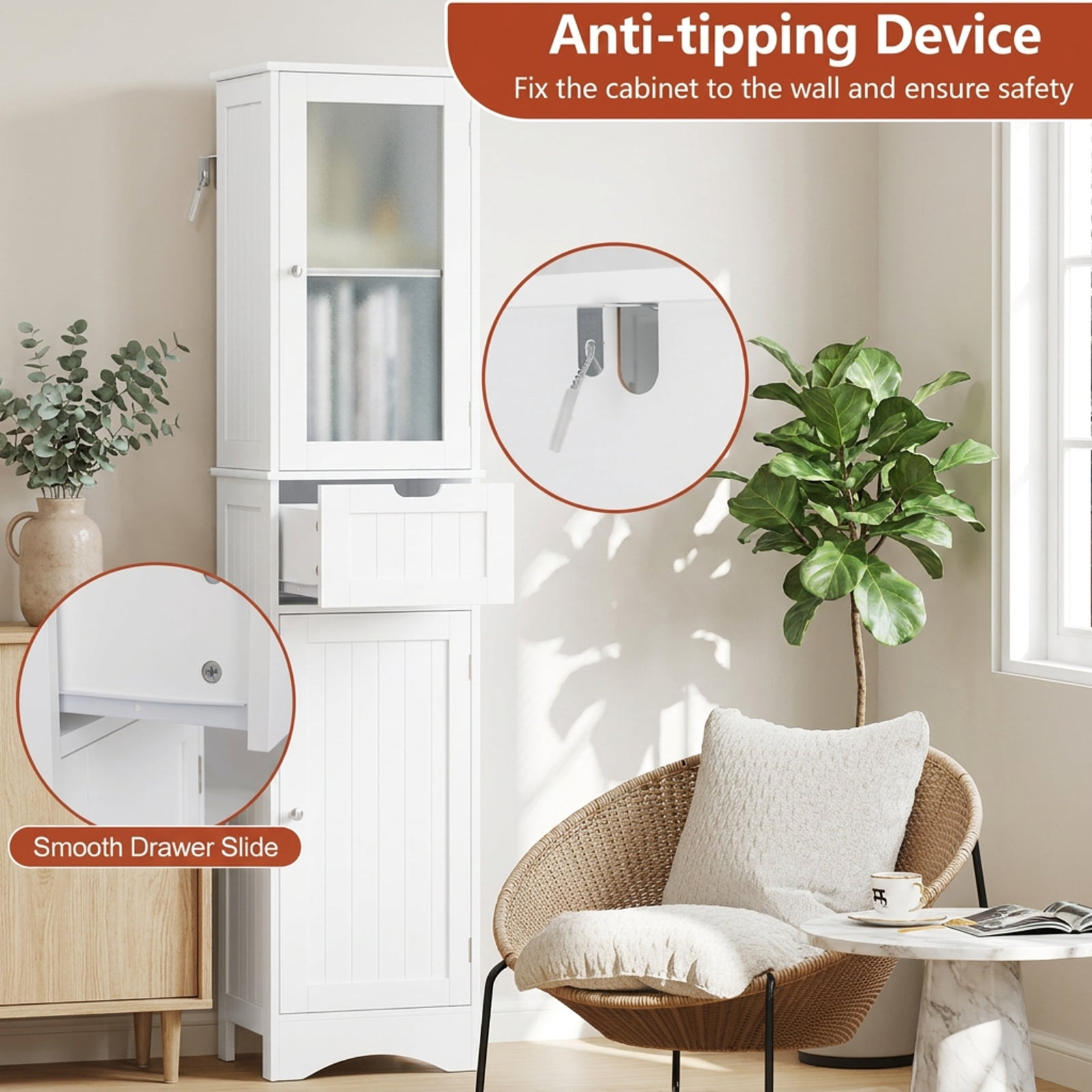 Vebreda Freestanding Bathroom Storage Cabinet, Tall Floor Storage Cabinet with 2 Doors and 1 Drawer for Bathroom, Fit Anywhere You Need