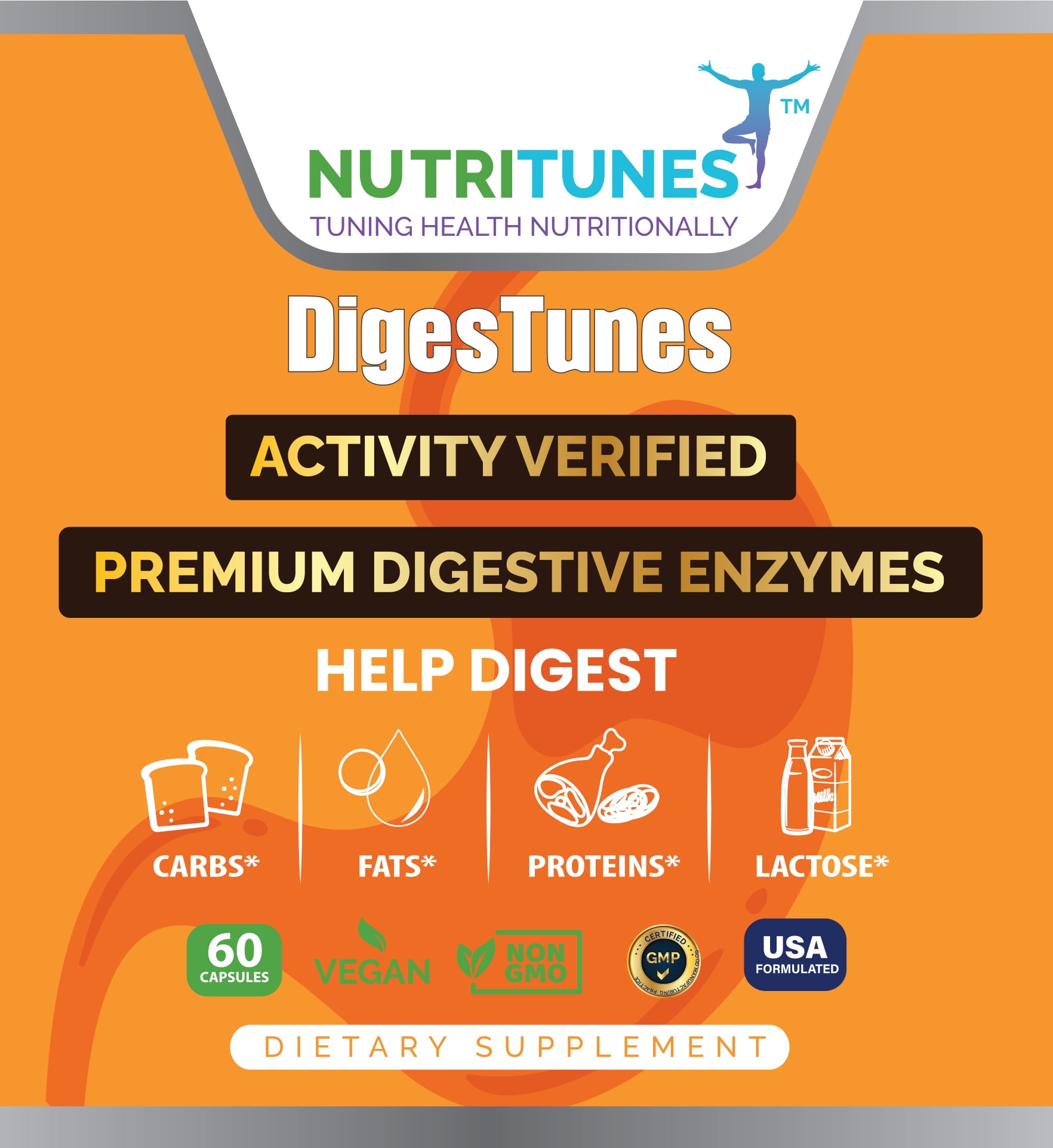 Nutritunes Vegan DigesTunes (60 Capsules) | Premium Digestive Enzymes Helps Digest Carbs, Fats, Proteins, & Lactose - Non-GMO, GMP-Certified, and Allergen Free