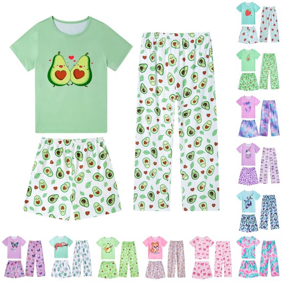 LIIPEE Casual Graphic Pajamas For Girls Short Sleeve Tees Shorts Pants Pajama Set 3 Piece 3-12 Years