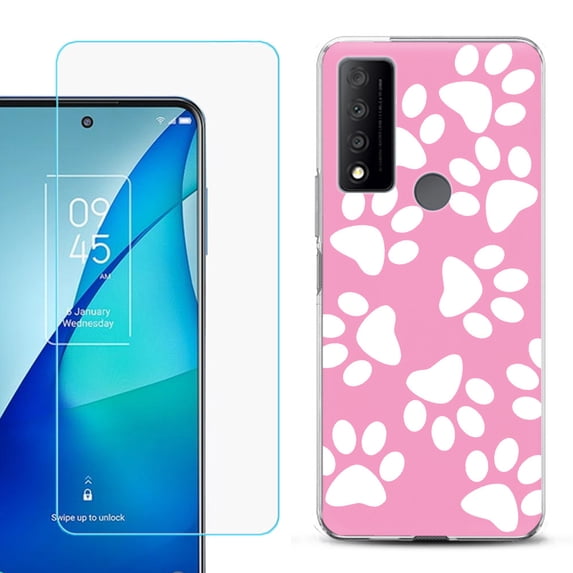 Slim-Fit Gel TPU Phone Case for TCL 4X 5G, with Tempered Glass Screen Protector, by OneToughShield ® - Pet Paw/ Pink