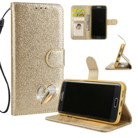 Galaxy S7 Edge Case Wallet, Samsung Galaxy S7 Edge Case, Allytech Glitter Folio Kickstand with Wristlet Lanyard Shiny Sparkle Luxury Bling Card Slots Slim Cover for Samsung Galaxy S7 Edge (Best Galaxy S7 Wallet Case)