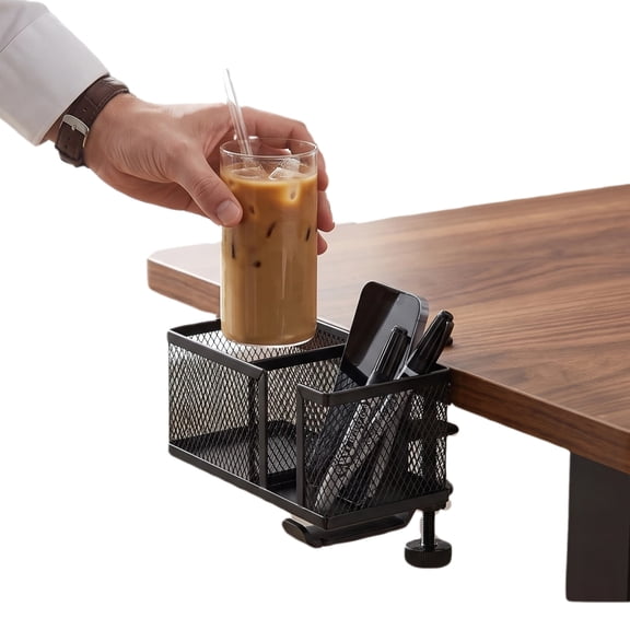 4 in 1 Metal Clip On Cup Holder Attachment for Gaming Desk or Table, Fits up to 40oz Cups, Sturdy and Easy to Clamp, Attachable Anti-Spill Cup Holder for Chair, Bedside, Bottles, Drinks - Black