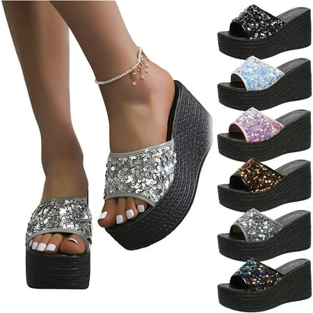 

Women s Glitter Platform Slip on Wedge Heels Sandals Summer Sequin Pu Peep Toe Slippers Comfortable Thick Sole Sandal
