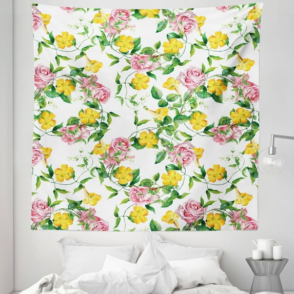 Yellow Flower Tapestry, Flourishing Bindweed and Pink Roses Leaves Botanical Nature, Fabric Wall Hanging Decor for Bedroom Living Room Dorm, 5 Sizes, Jade Green Pale Pink, by Ambesonne