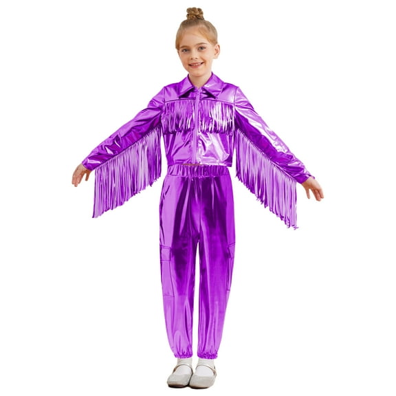 Haitryli Kids Boys Girls Sparkle Coat with Jogger Pants Set Dance Workout Jazz Hip Hop Clothes Set 6-16 Years Purple 12