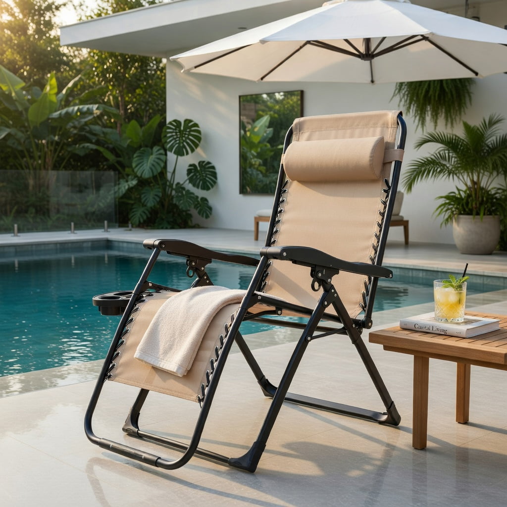 Hommoo Oversized Zero Gravity Lounge Chair with Cup Holder & Headrest Pillow, Heavy-Duty Outdoor Recliner for Backyard, Pool, Garden, Beige