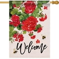 thumbnail image 1 of Drapeau Décoratif de Maison en Géranium « Welcome Summer », Fleurs Florales Rouges de Printemps Abeille Jardin Cour Décorations Extérieures, Déco Maison Ferme Extérieure Grande Double Face 28 x 40, 1 of 6