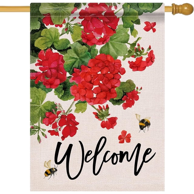 Drapeau Décoratif de Maison en Géranium « Welcome Summer », Fleurs Florales Rouges de Printemps Abeille Jardin Cour Décorations Extérieures, Déco Maison Ferme Extérieure Grande Double Face 28 x 40