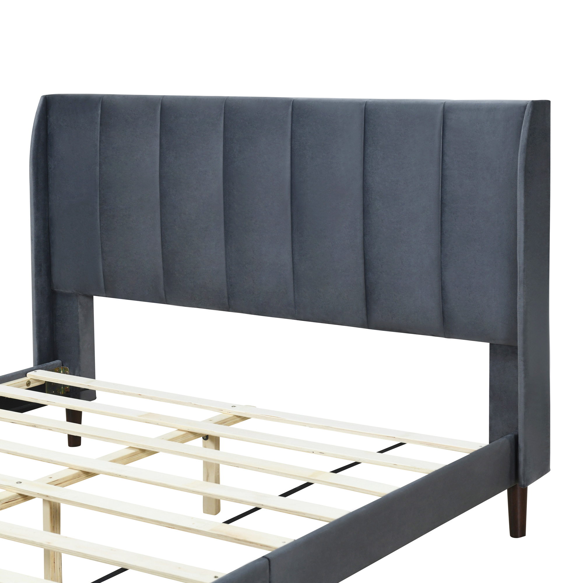 Aukfa Queen Size Upholstered Platform Bed, Velvet Vertical Stripe Bed Frame with Wingback Headboard, Gray