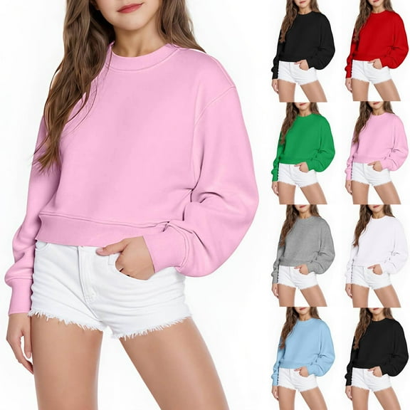 lcziwo Girls Crew Neck Long Sleeve Cropped Sweatshirts Casual Loose Fit Pullover Tops Fall Trendy Clothes Black 120
