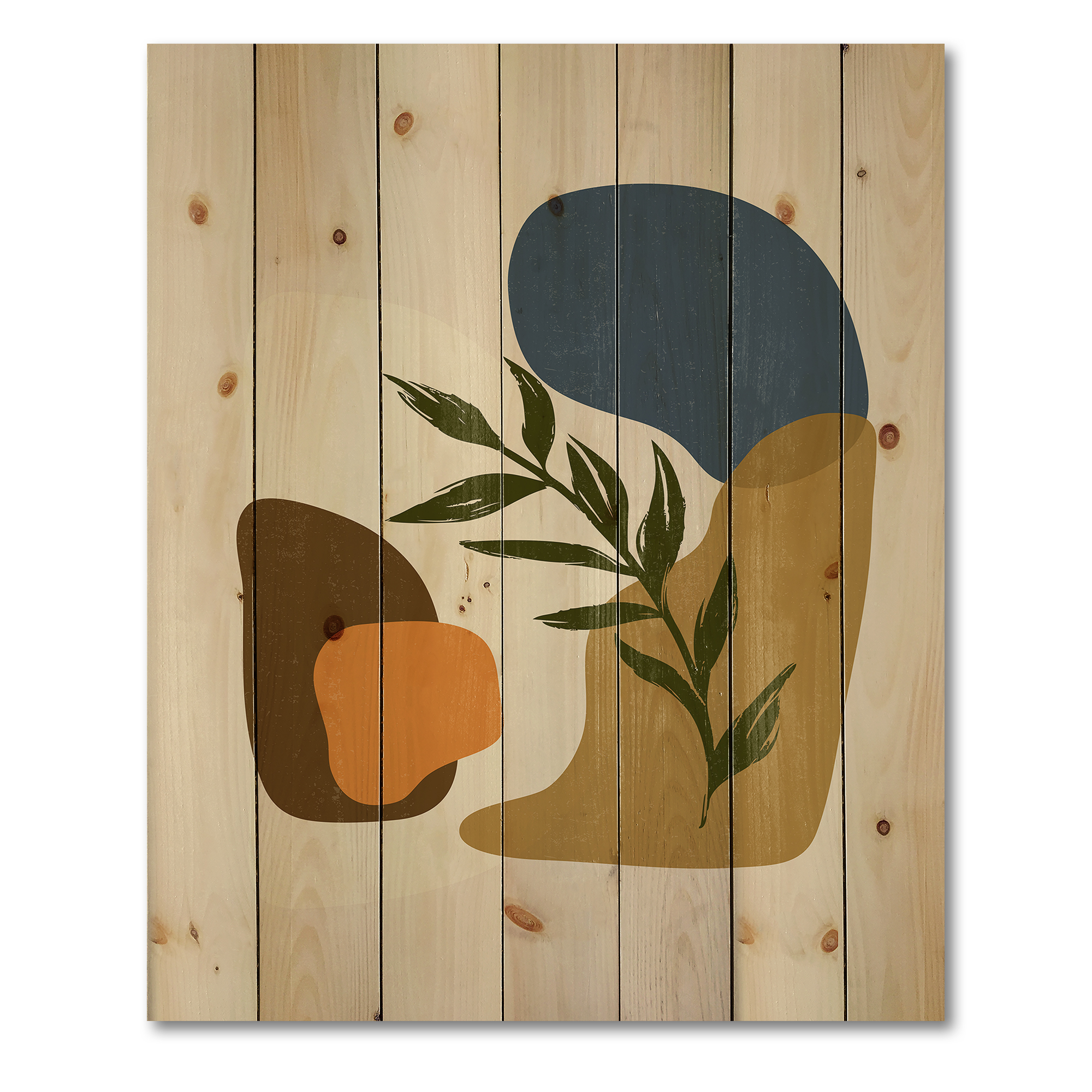 Designart 'Green Leaf With Botanical Minimalist Shapes' Modern Print on Natural Pine Wood