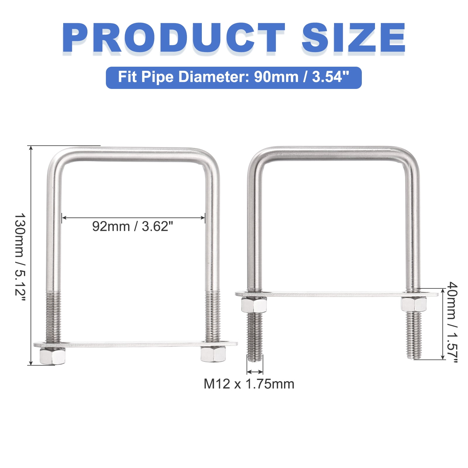 Uxcell 2 Sets M12 Square U-Bolts, 3.62" Inner Width 5.12" Length 304 Stainless Steel U Clamp Bolts with Nuts, Plates and Wrench
