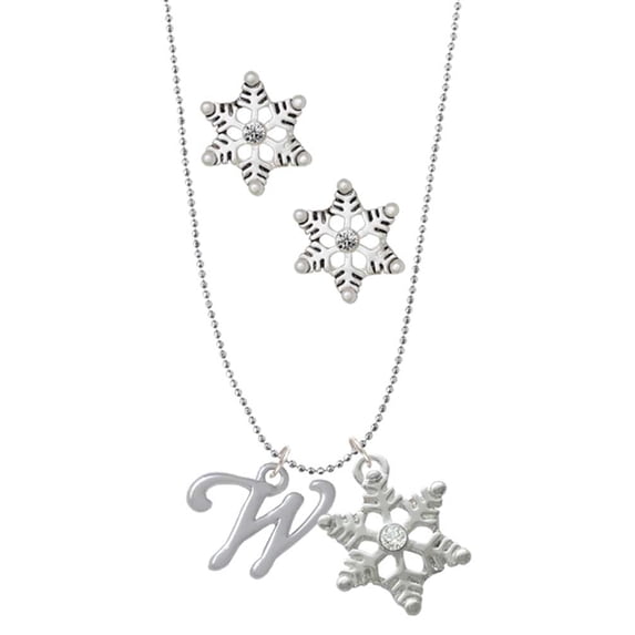 Delight Jewelry Silvertone Small Gelato Script Initial - W - Silver tone Snowflake Charm Necklace and Stud Earrings