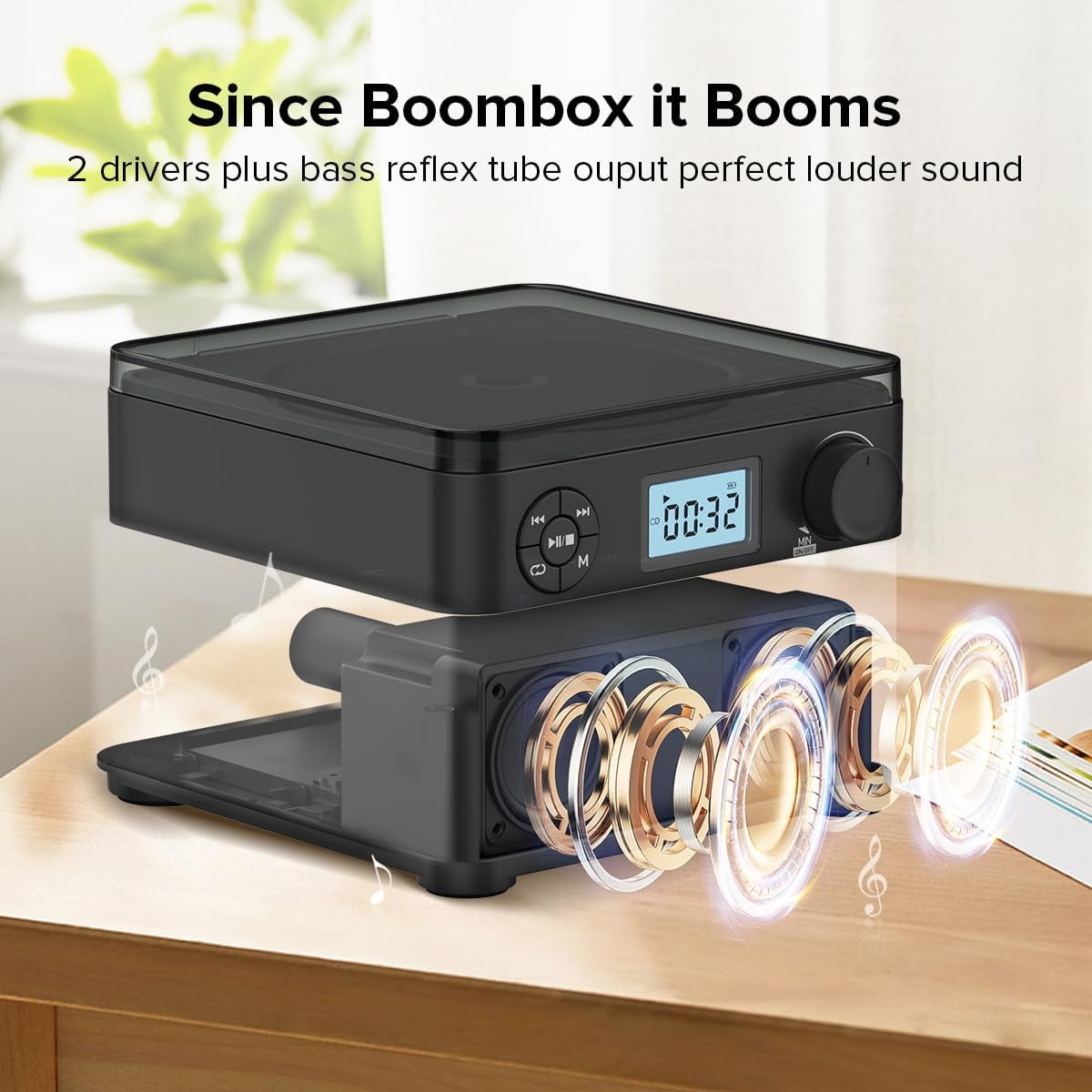 Portable CD Player Boombox with Bluetooth,CD Players for Home with Stereo Speakers,Rechargeable BoomBox CD Player with FM Radio,Support CD/MP3,USB/TF Card,Headphone Jack for Home and Kids Gift