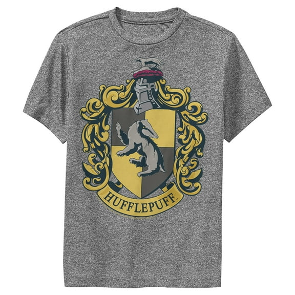 Boy's Harry Potter Hufflepuff Gold Crest  Performance Graphic Tee Charcoal Heather X Large