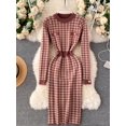 thumbnail image 1 of One SizeWomen's Autumn Winter Sweater Dress French Houndstooth Knit Dress Thin Waist Fall Long Sleeve Sweater Dresses PL268 yaoshenbao LED, 1 of 2