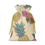 ZICANCN Christmas Gift Bags, Yellow Pineapple Floral Tropical Reusable Fabric Drawstring Storage Bags with Drawstring, Medium Size