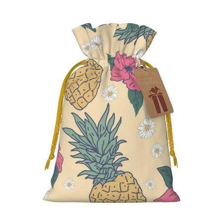 ZICANCN Christmas Gift Bags, Yellow Pineapple Floral Tropical Reusable Fabric Drawstring Storage Bags with Drawstring, Small Size