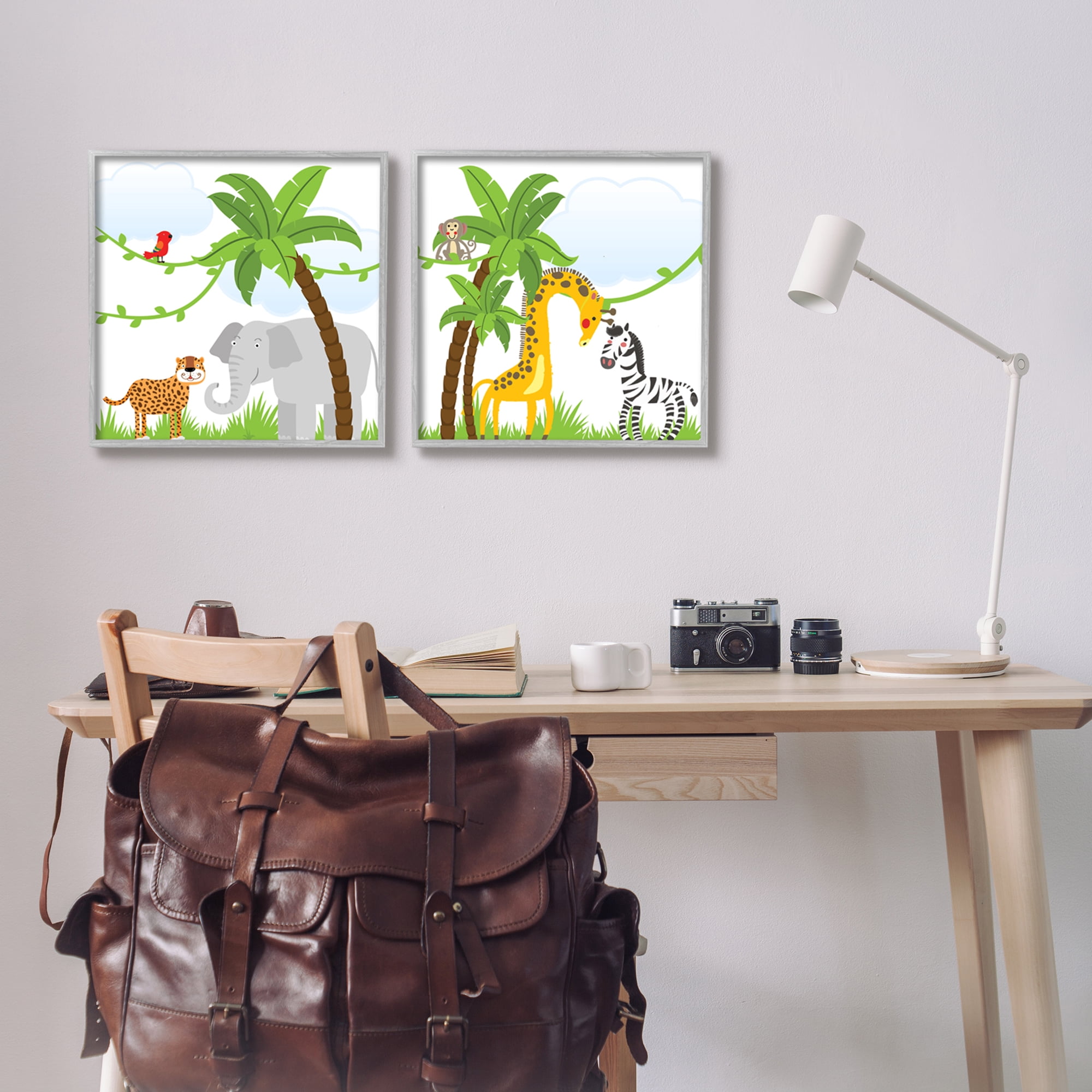 Stupell Industries Jungle Animals Scene Animals & Insects Painting Gray Framed Art Print Wall Art, 17 x 17, Set of 2