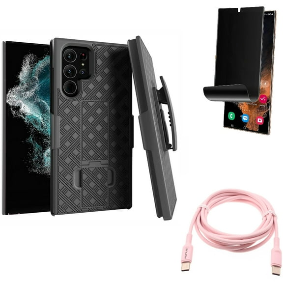 Privacy Screen Protector & Case Belt Clip & Pink 6ft Long Cable for Samsung Galaxy S22 Ultra (6.8") - Combo TPU Film (Fingerprint) Anti-Peep & Holster Swivel Cover & USB-C to Type-C PD Fast Charger
