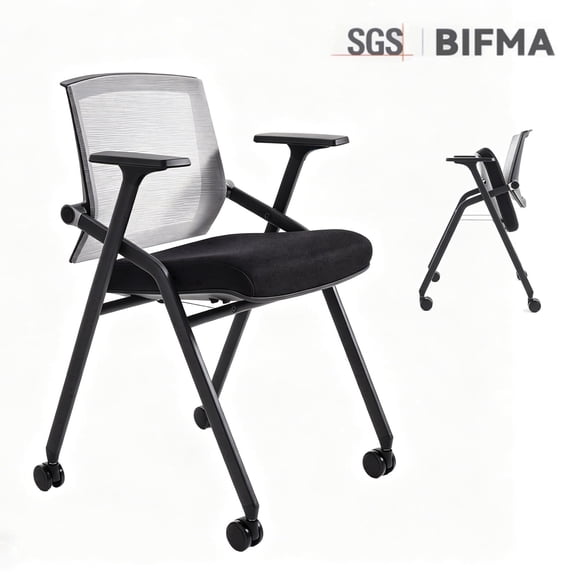BLANEDUO 2 Pack Folding Office Desk Chair BIFMA Certified Stackable Conference Room Chairs with Wheels Lumbar Support Gray