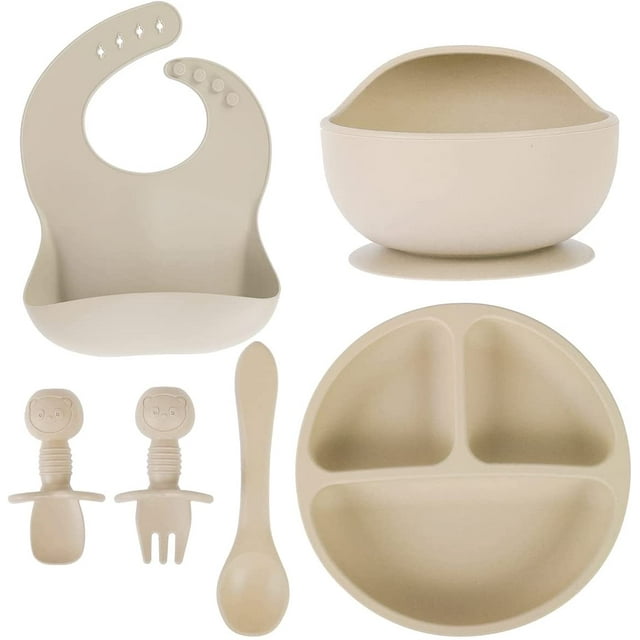 HSHDLDF Set of 6 Baby Feeding Set, Silicone Baby Tableware Set, Food Grade Infant Dinnerware Set, BPA Free Baby Led Weaning Supplies, Non-Slip Self Feeding Utensils with Silicone Suction Bowls&Adju