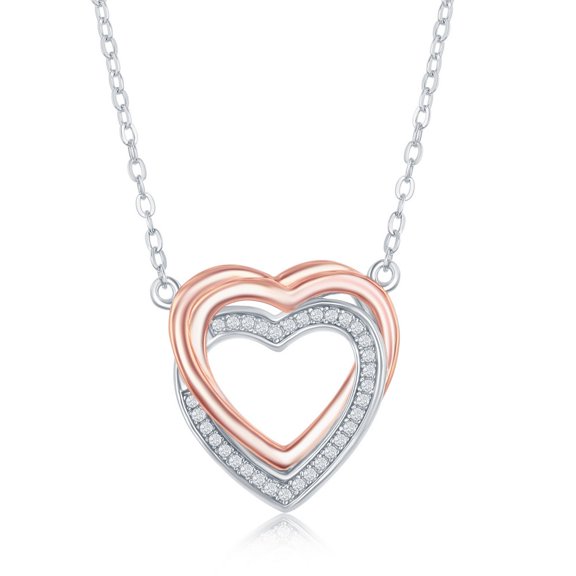 Sterling Silver 16 2" Two-Tone Double Heart Cubic Zirconia Necklace