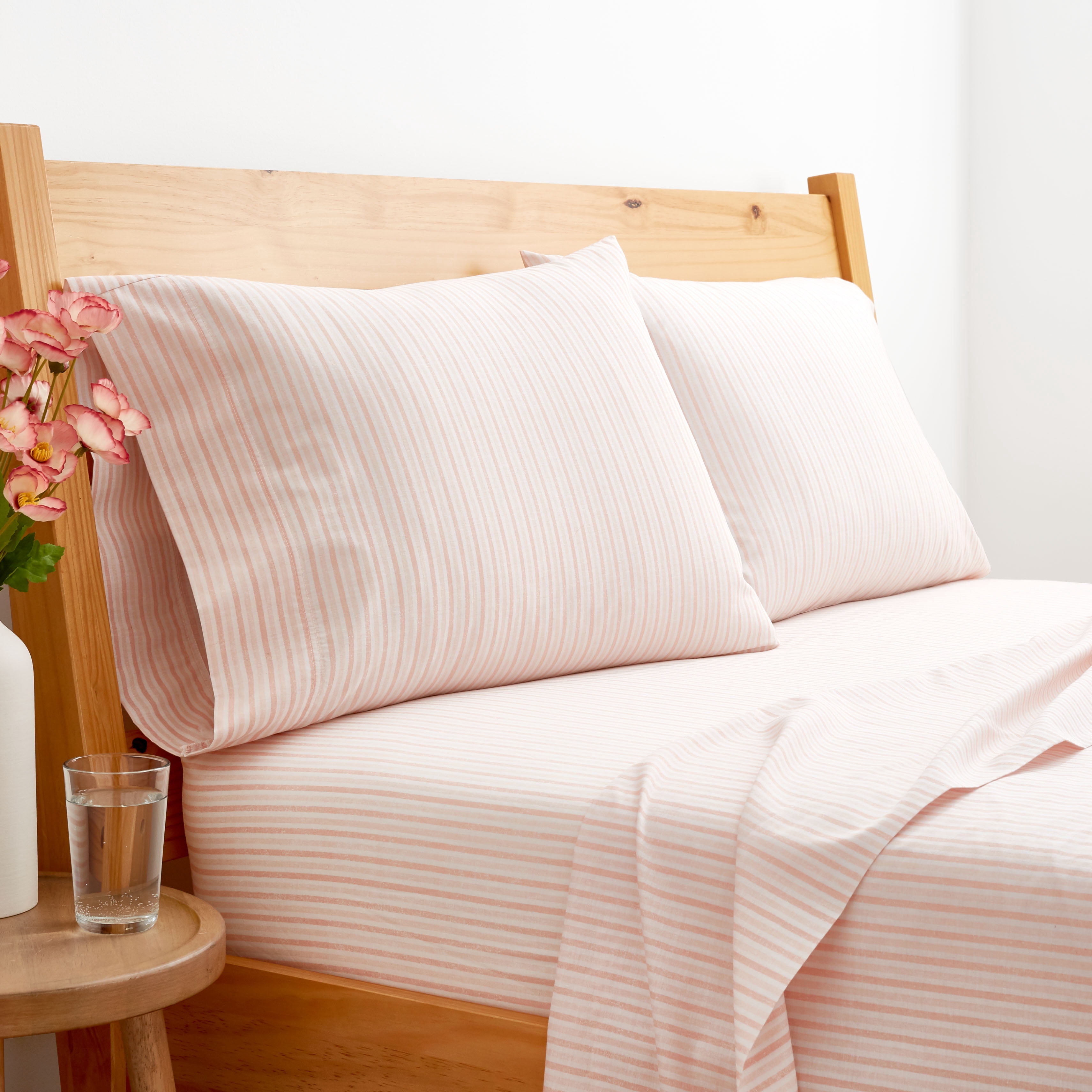 Gap Home Textured Stripe Percale Easy Care Organic Cotton Blend Sheet Set, Deep Pocket, Queen, Blush/Peach, 4-Pieces