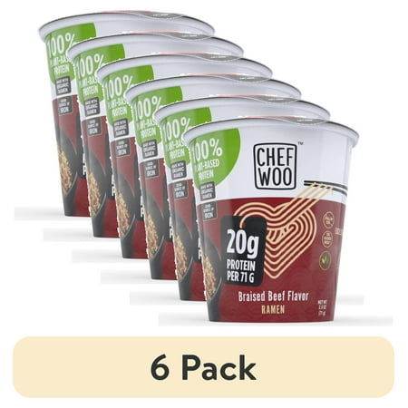 (6 pack) CHEF WOO Braised Beef Ramen, High Protein Noodles, 20g of Animal-free, Bioavailable Protein, 2.5 oz Cup