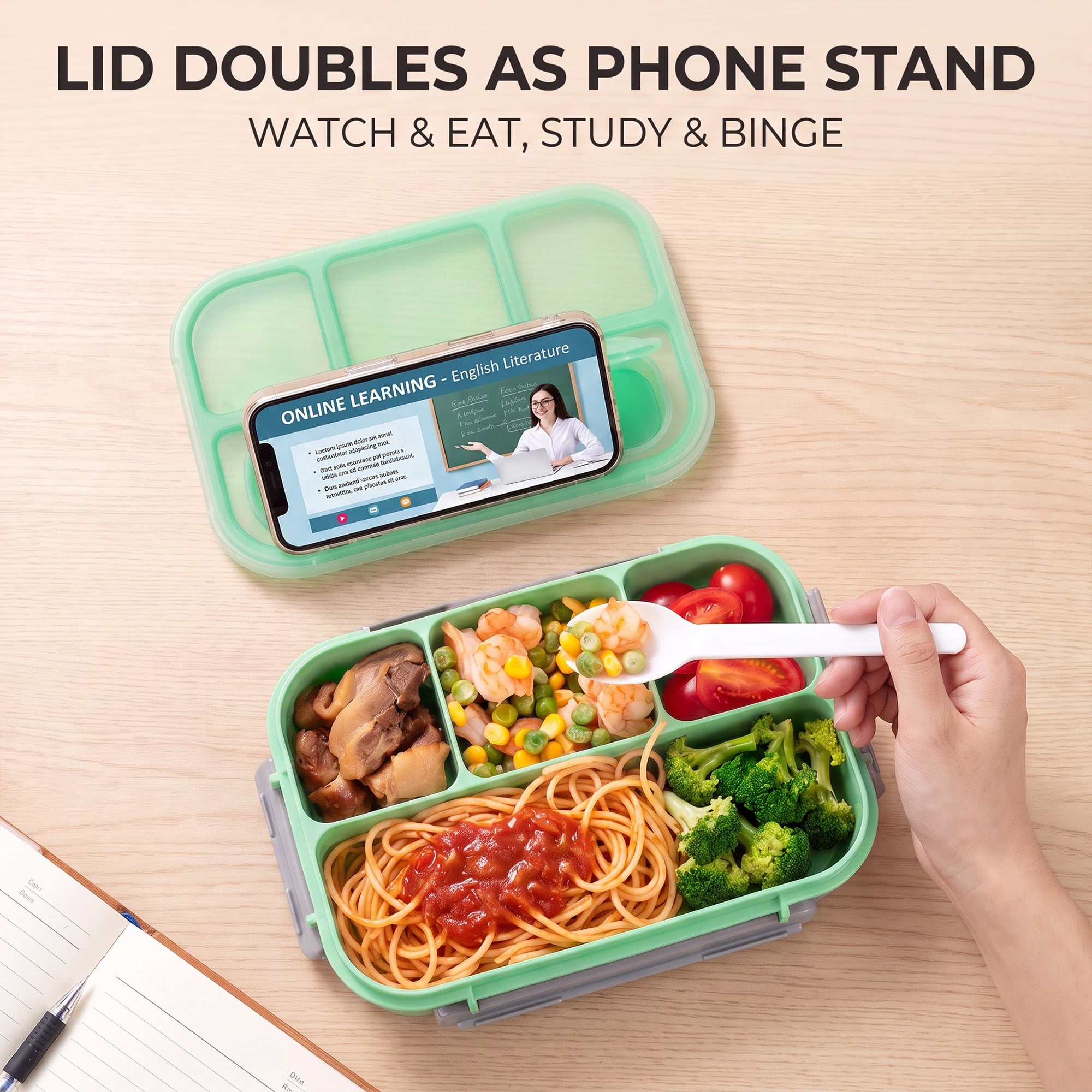 Unique Bargains 1.3L Leak-Proof Meal Prep Container Adult Lunch Bento Box Green-2