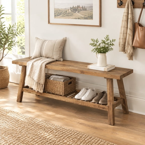 43.3" Reclaimed Solid Wood Entryway Bench with Storage Shelf, Home Furniture for Hallway Storage Space