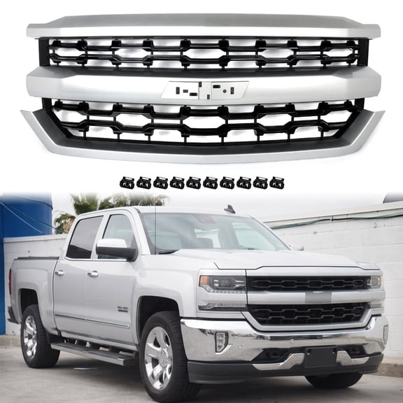 For 2016-2018 Chevrolet Silverado 1500 LTZ Silver Ice Gloss Black Front Bumper Grille Grill