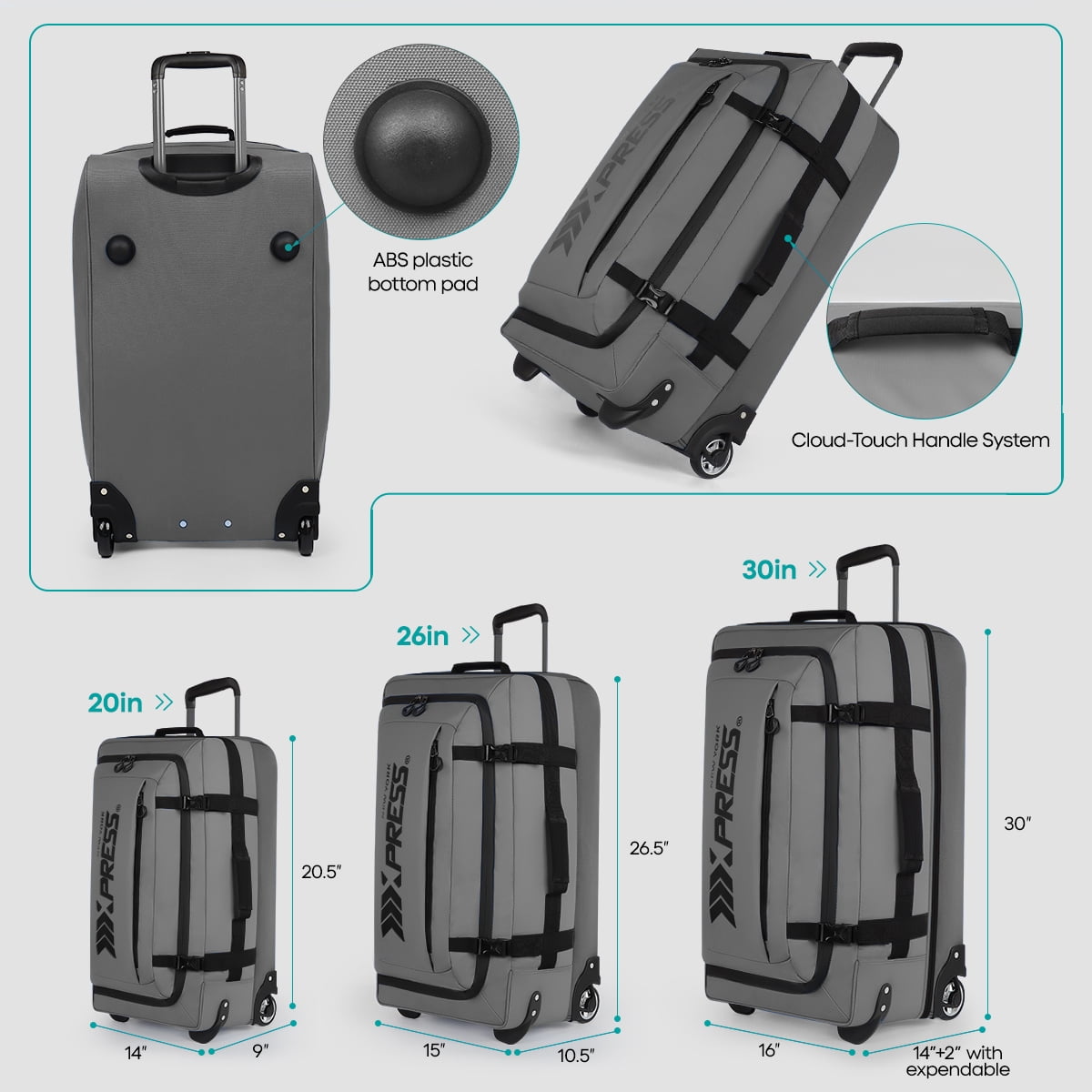 3 Piece Softside Luggage Set, Expandable Suitcases with Wheels, Heavy-Duty Waterproof Travel Bags, 20/26/30 in, Grey - TA069