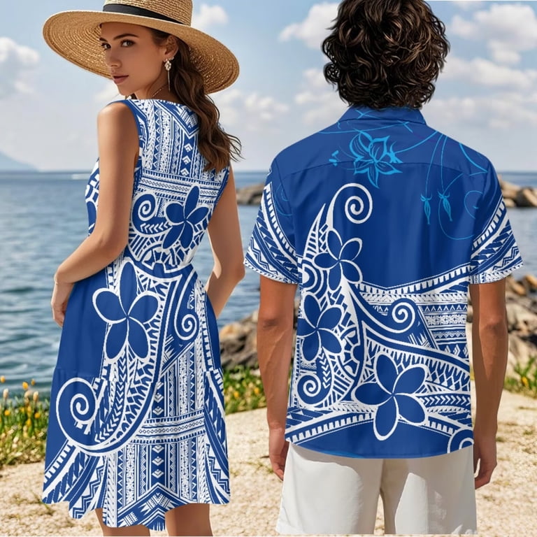 KUIFORTI Couple Matching Outfits Spring Womens Dresses Sleeveless Flowy Dress Button Down Shirt Blue Polynesian Tribal Men Short Sleeve Shirts with Soft Fabric Fit for Honeymoon Trip